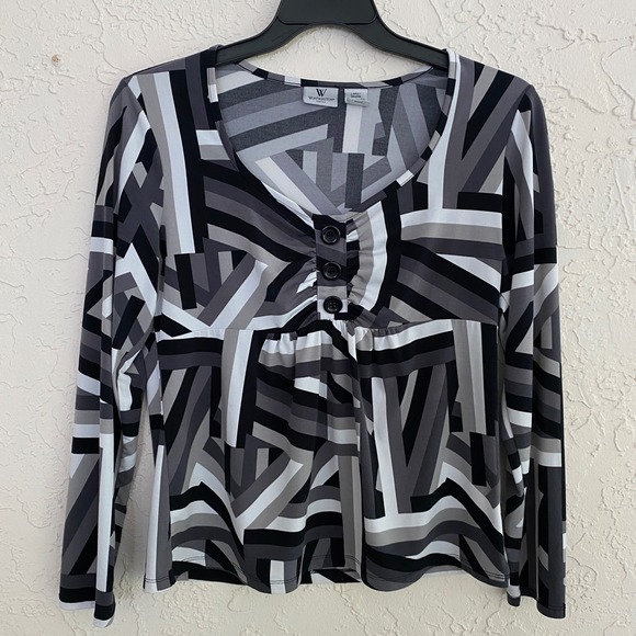 Worthington Tops - Worthington Y2k Mod Retro Geometric Top Women L Black Gray Long Sleeve Stretch